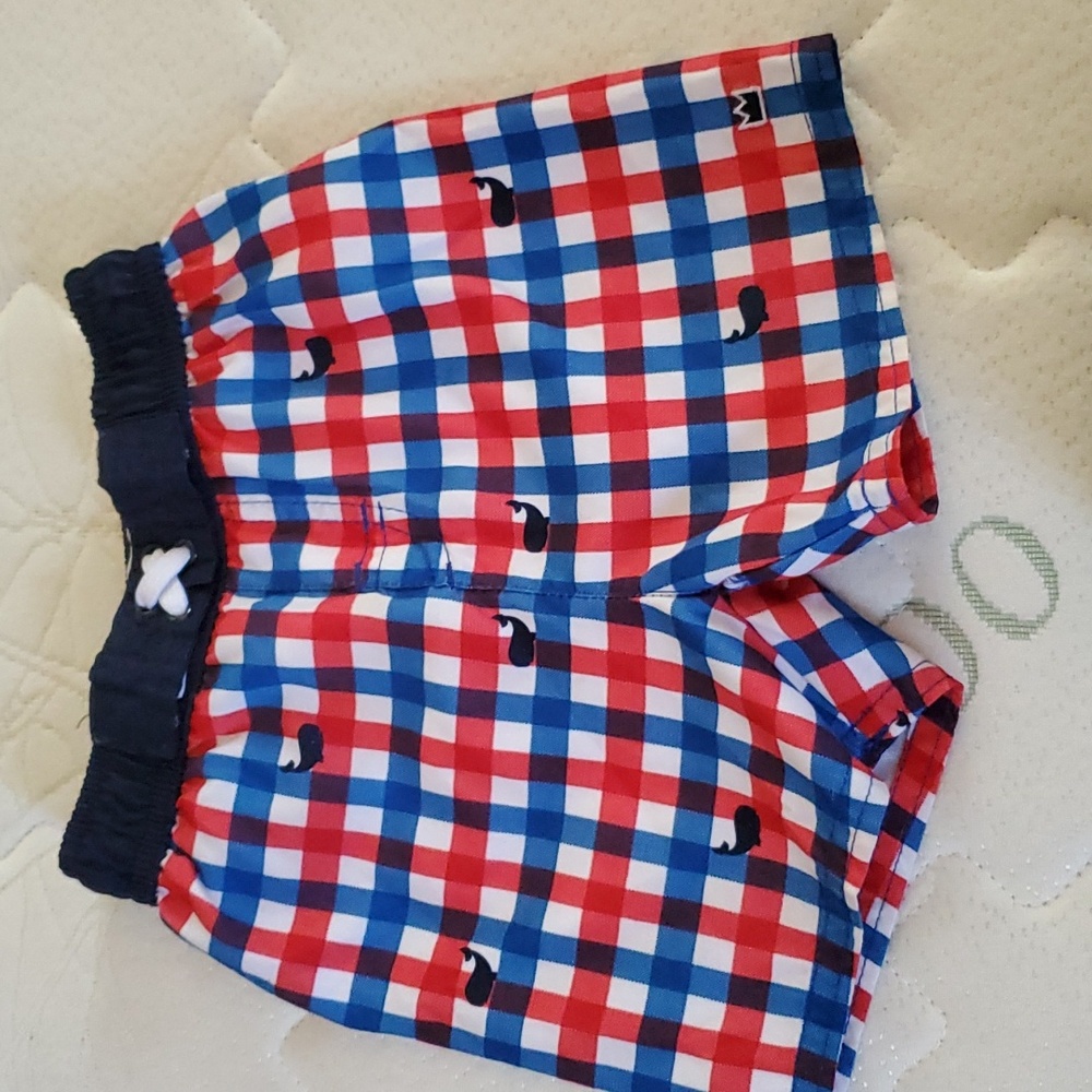 Crown & Ivy Baby, red, white and blue, whale, swimming trunks, boys, swimsuit